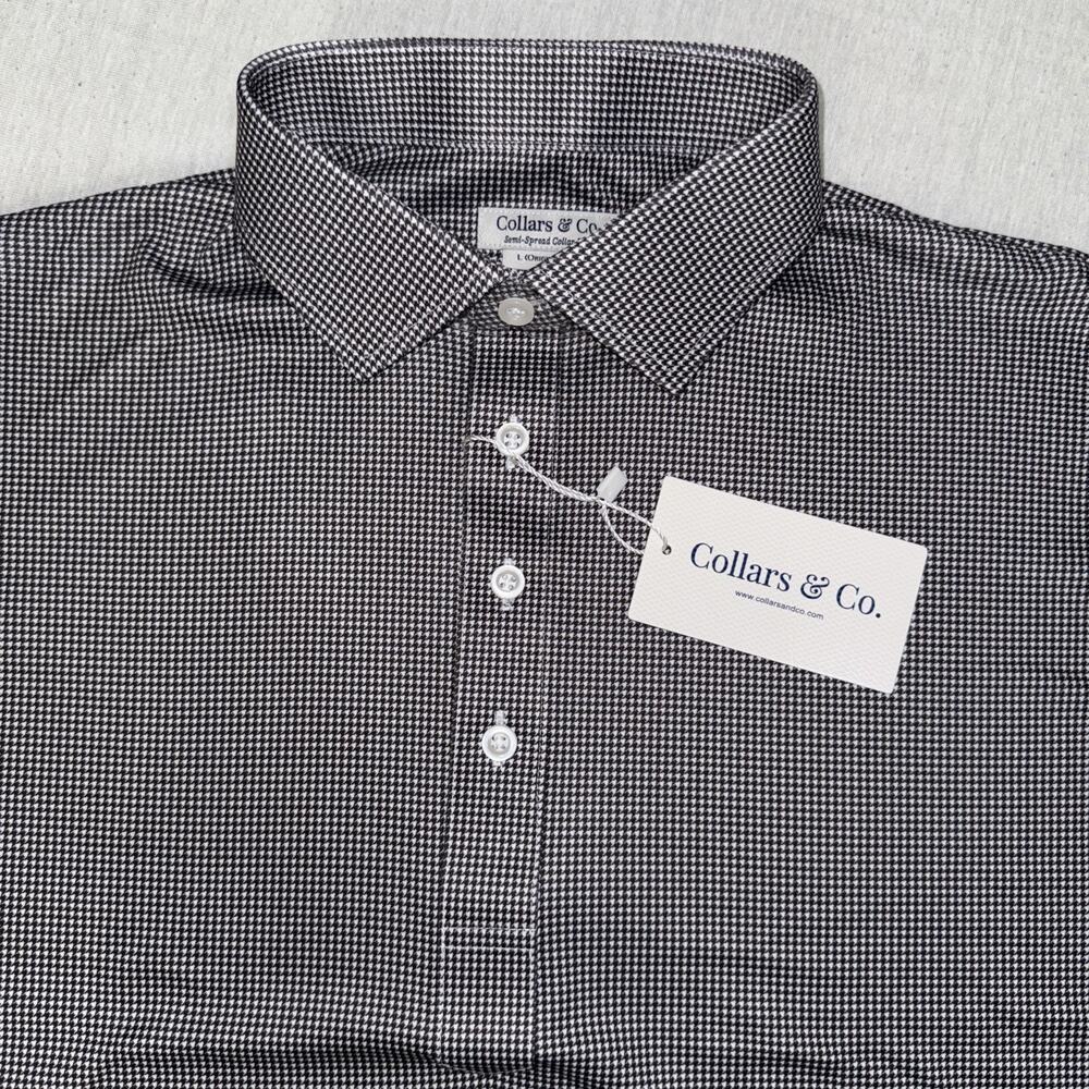 Collars & Co Golf Semi Spread Collar Polo Black Houndstooth Large NWT